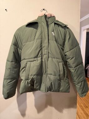 abercrombie kids Sage Green Puffer Jacket with Faux Fur Collar